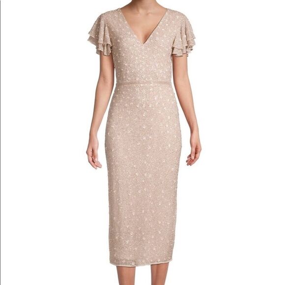 NWT New MAC DUGGAL BEAD RUFFLE SLEEVE MIDI COCKTAIL OYSTER SHEATH DRESS 6 Bridal - Picture 1 of 14